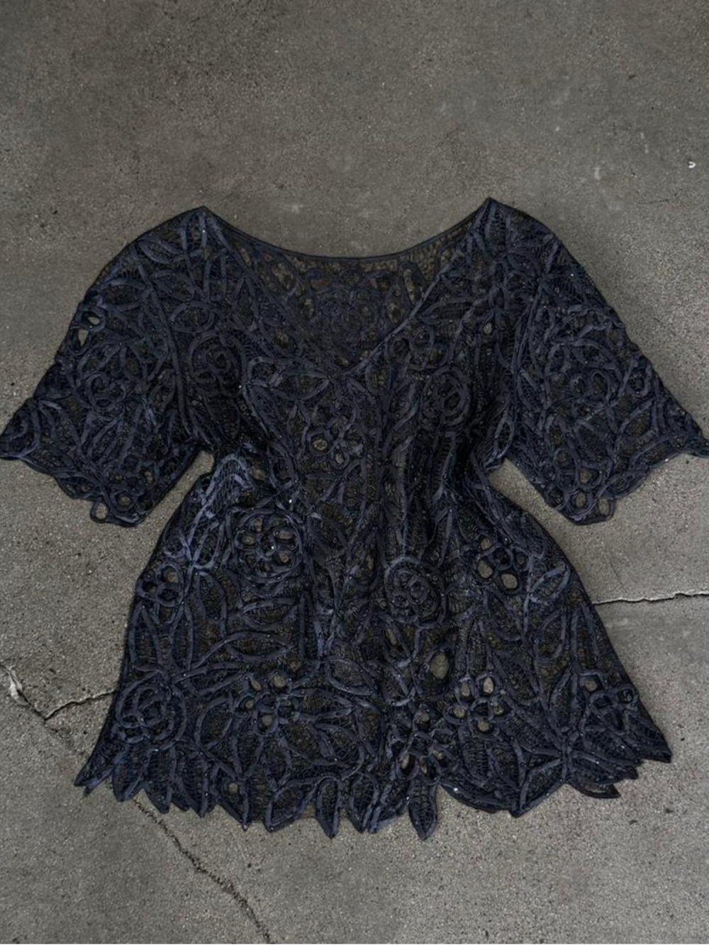 100% Silk Black Ribbon Lace Top